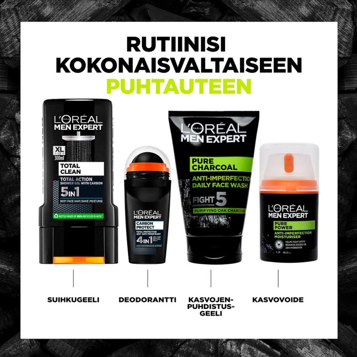 L'Oréal Paris Pure Charcoal Wash 100 ml puhdistusgeeli osana miesten ihonhoitorutiinia mustissa pakkauksissa.