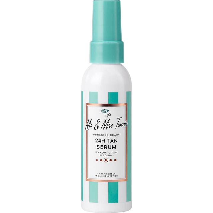 Mr & Mrs Tannie 24H Tan Serum 50 ml asteittain itseruskettava seerumi valkoisessa turkoosiraitaisessa pullossa.