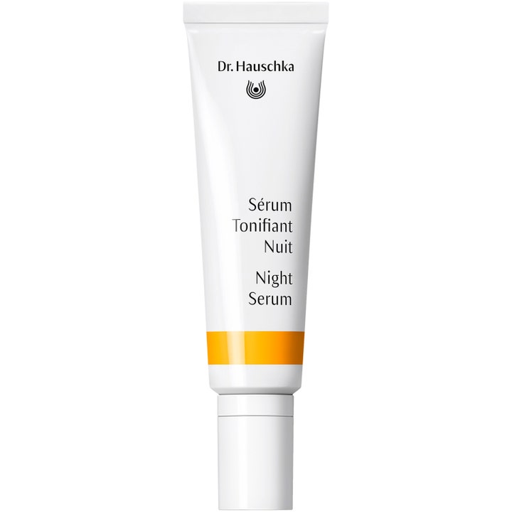 Dr. Hauschka Night Serum 20 ml elvyttävä yöseerumi valkoisessa tuubissa jossa on keltainen raita ja valkoinen korkki