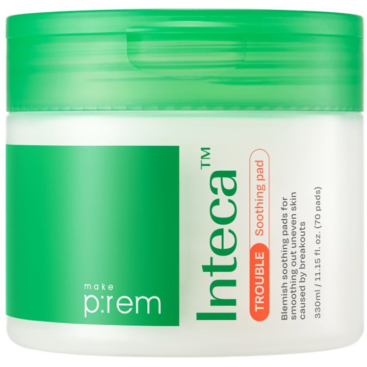 make p:rem Inteca Soothing Pad 70 kpl rauhoittavat hoitolaput epäpuhtauksille vihreäkantisessa valkoisessa purkissa