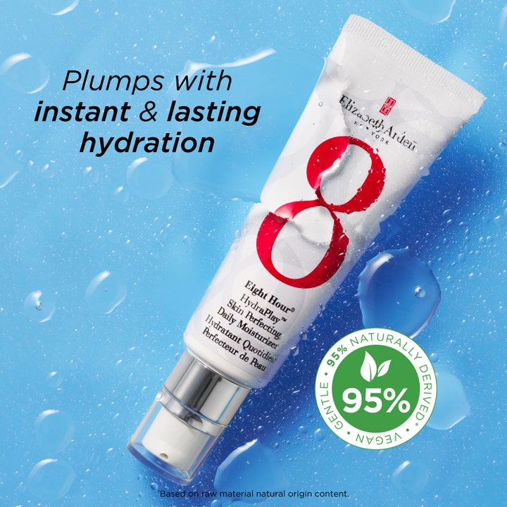Elizabeth Arden Eight Hour Cream Hydraplay 45 ml kosteuttava päivävoide valkoisessa tuubissa vesipisaroiden seassa.