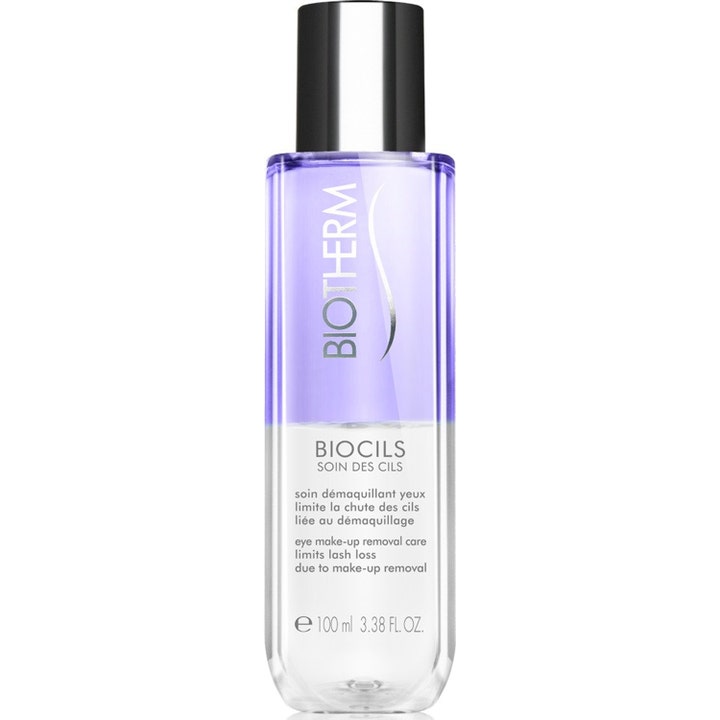 Biotherm Biocils 100 ml kaksivaiheinen silmämeikin poistoaine kirkkaassa pullossa violetilla nesteellä.