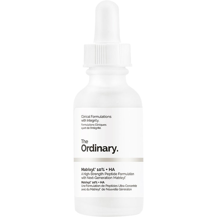 The Ordinary Matrixyl 10% + HA 30 ml silottava seerumi ikääntymistä vastaan valkoisessa lasipullossa jossa on pipetti