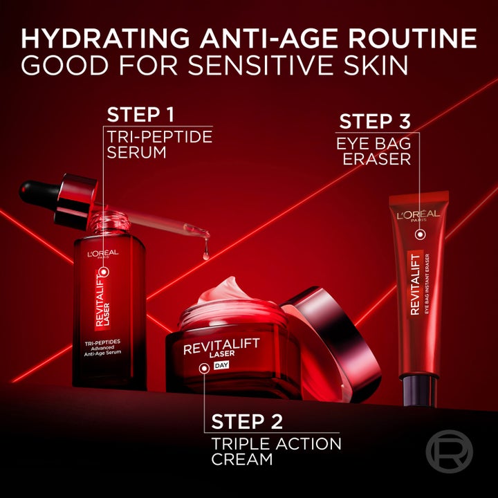 L'Oréal Paris Revitalift Laser Eye Bag Eraser 15 ml silmänympärysvoide punaisessa tuubissa osana ihonhoitorutiinia.