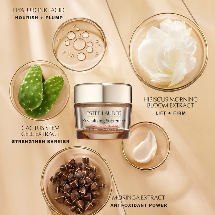 Estée Lauder Revitalizing Supreme + Soft Cream 30 ml kiinteyttävä kasvovoide, kaktus- ja moringauutetta kultaisessa purkissa.