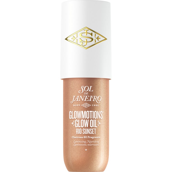 Sol de Janeiro Glowmotions Rio Sunset 75 ml heleyttävä vartaloöljy valkoisella korkilla ja kimaltelevalla sisällöllä.