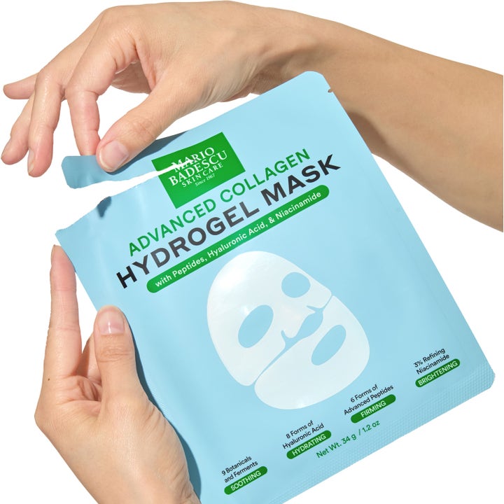Mario Badescu Advanced Collagen Hydrogel Mask 3 kpl kasvonaamio vaaleansinisessä pussissa jota avataan käsin.