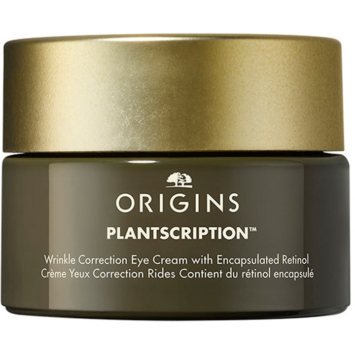 Origins Plantscription Eye Cream 15ml silottaa ryppyjä retinolilla tummanvihreässä purkissa kultaisella kannella.