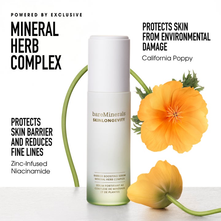 bareMinerals Skinlongevity 30 ml seerumi ja oranssi kukka, joka suojaa ja vahvistaa ihoa.