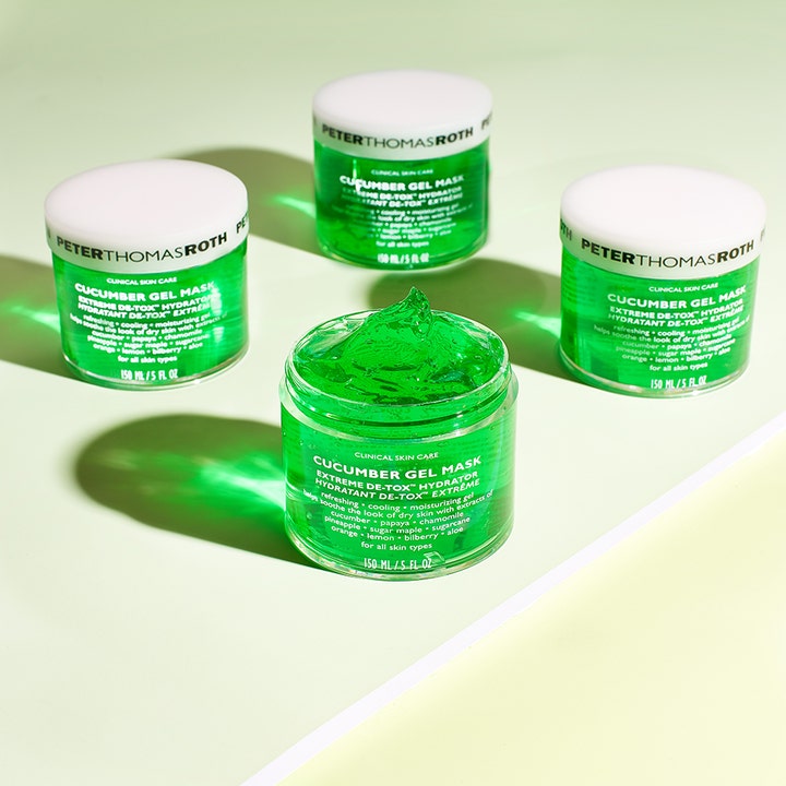 Peter Thomas Roth Cucumber De-Tox Gel Mask 150 ml rauhoittava kasvonaamio, jossa näkyy vihreä geelikoostumus.