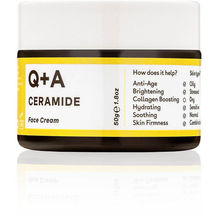 Q+A Ceramide Face Cream 50g kosteuttava kasvovoide tummanruskeassa purkissa, jossa on valkoinen etiketti ja kansi.