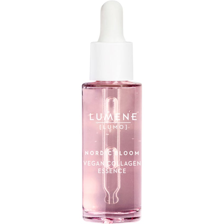 Lumene Nordic Bloom Vegan Collagen Essence 30 ml kirkastava hoitoneste vaaleanpunaisessa pipettipullossa.