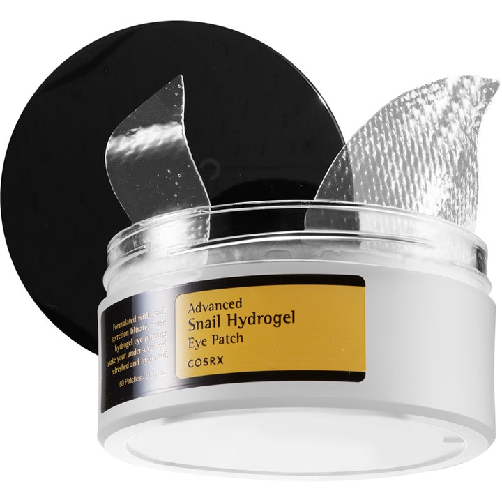 COSRX Advanced Snail Hydrogel Eye Patches 60 kpl kosteuttavat silmänympärysnaamiot kirkkailla kuvioiduilla lapuilla.