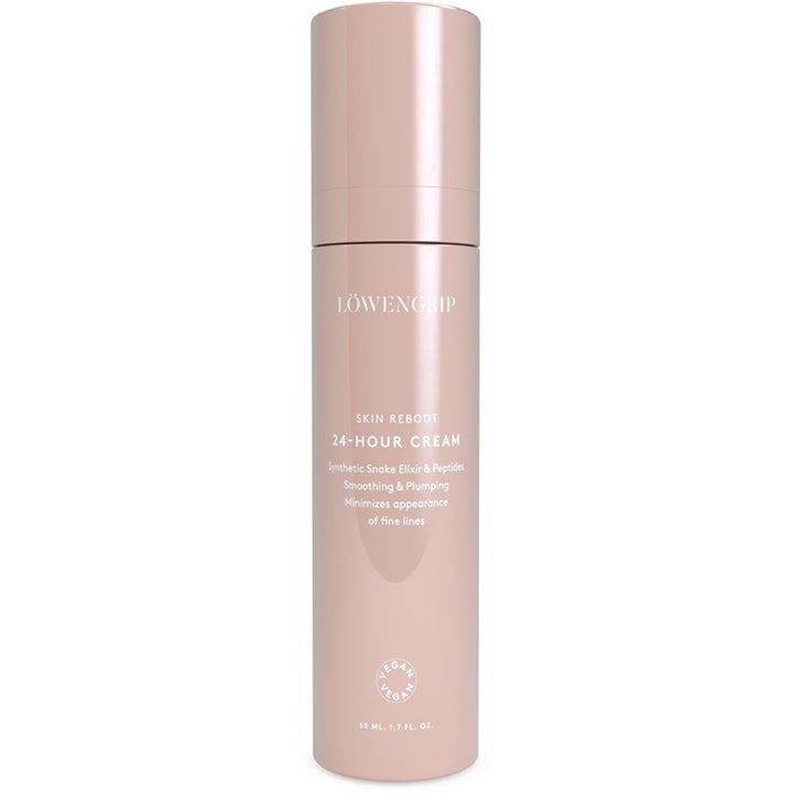 Löwengrip Skin Reboot 24-Hour Cream 50 ml silottava ja täyteläistävä kasvovoide vaaleanpunaisessa pumppupullossa.
