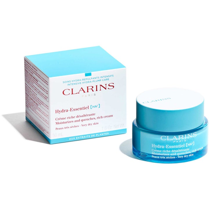 Clarins Hydra-Essentiel 50 ml kosteuttava kasvovoide sinisessä lasipurkissa ja vaaleansinisessä pakkauksessa.