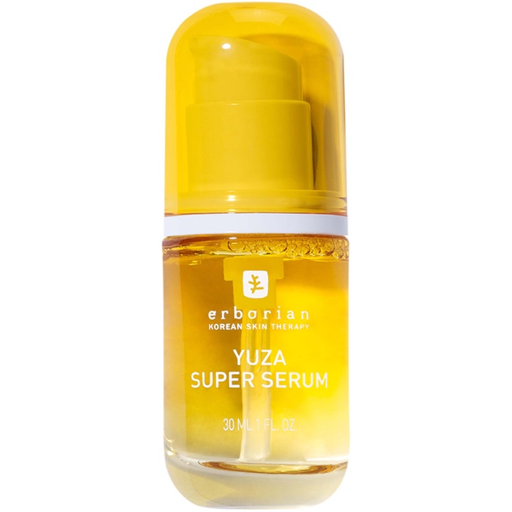 Erborian Yuza Super Serum 30 ml kirkastava kasvoseerumi keltaisessa lasipullossa keltaisella pumpulla ja korkilla