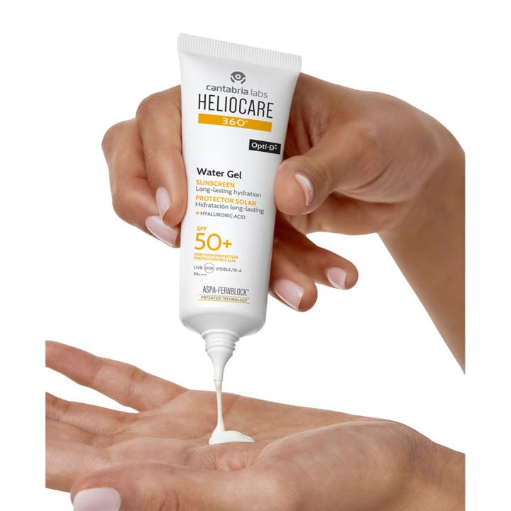 Heliocare 360° Water Gel SPF 50+ 50 ml kosteuttava aurinkovoide kasvoille valkoisessa tuubissa ja pakkauksessa
