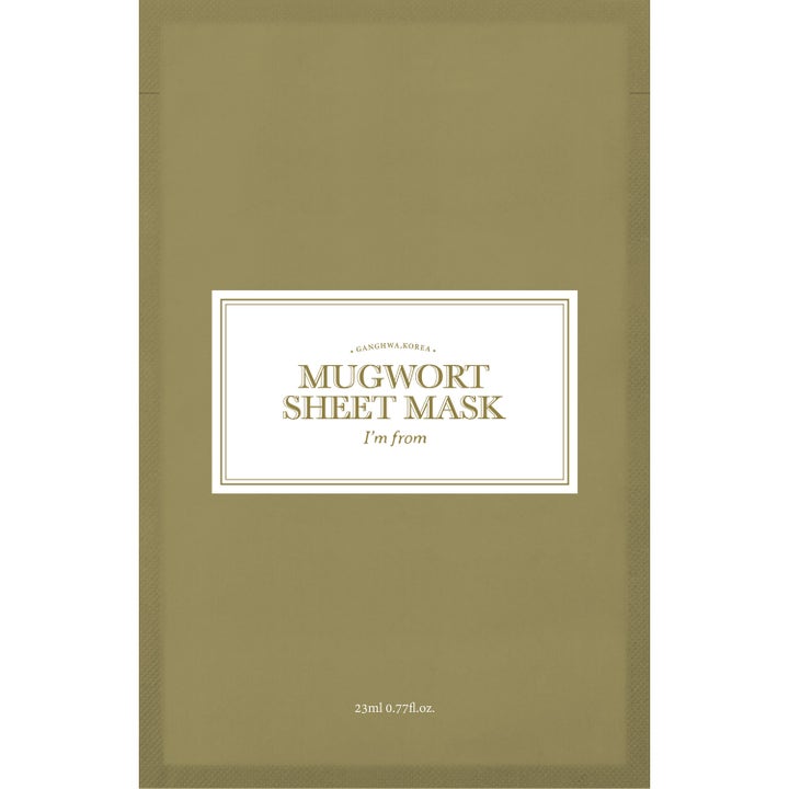I'm from Mugwort Sheet Mask 23 ml rauhoittava kangasnaamio oliivinvihreässä pakkauksessa valkoisella etiketillä