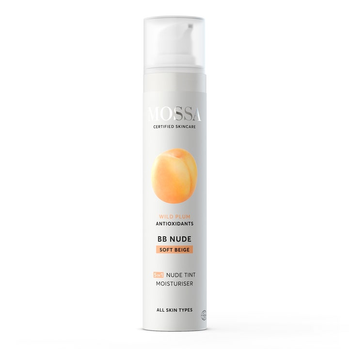 Mossa BB Nude Soft Beige tasoittava ja kosteuttava BB-voide valkoisessa pumppupullossa jossa on luumun kuva