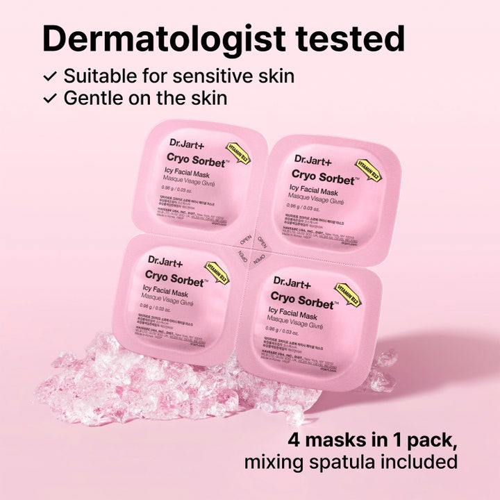 Dr.Jart+ Cryo Sorbet Icy Facial Mask 3 g viilentävä ja rauhoittava kasvonaamio neljä pussia jääpedillä.