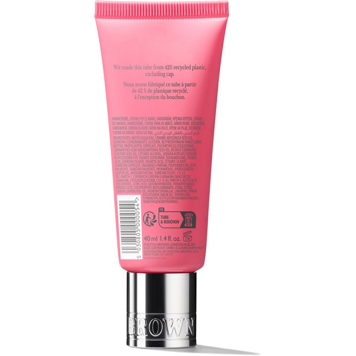 Molton Brown Fiery Pink Pepper Hand Cream 40 ml kosteuttava käsivoide vaaleanpunaisen tuubin takapuoli ja hopeinen korkki