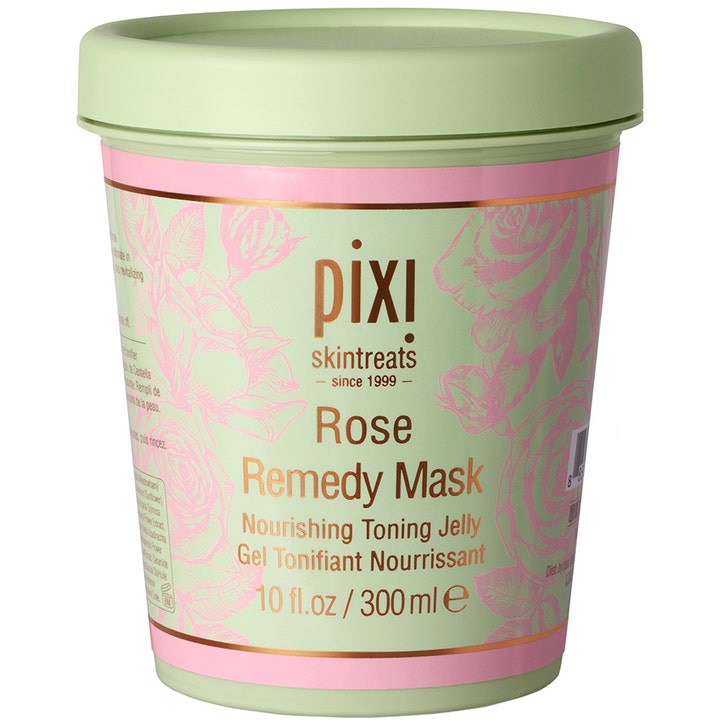 Pixi Rose Remedy Mask 300 ml ravitseva kasvonaamio vaaleanvihreässä purkissa jossa on vaaleanpunaisia ruusukuvioita