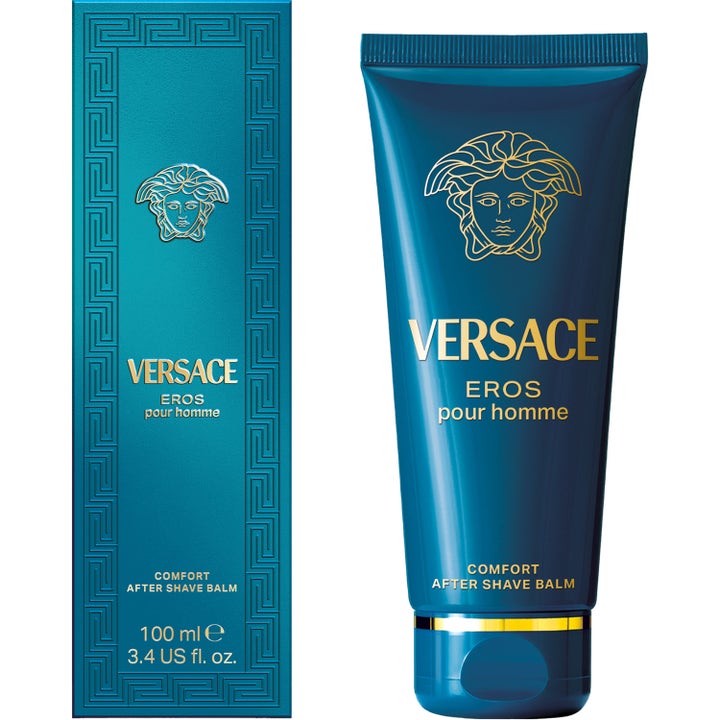 Versace Eros After Shave Balm 100 ml rauhoittava voide turkoosissa tuubissa ja pakkauksessa kultaisella Medusa-logolla.