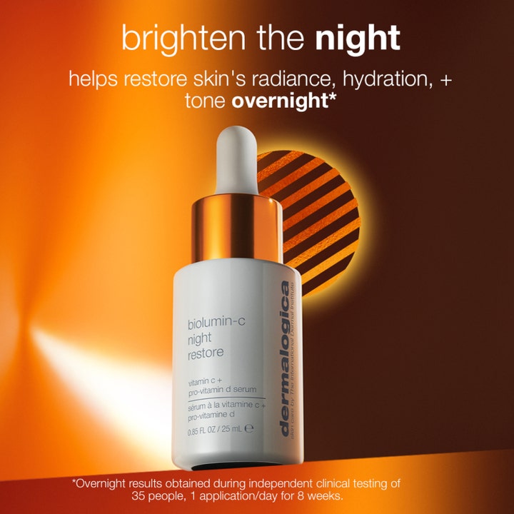 Dermalogica Biolumin-C Night Restore 25 ml kirkastava yöseerumi valkoisessa pipettipullossa oranssilla taustalla