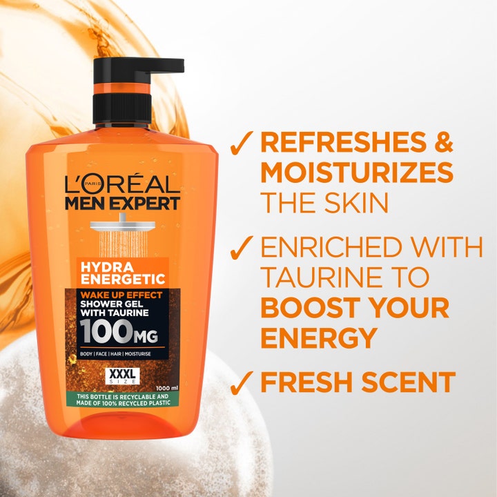 L'Oréal Paris Men Expert Hydra Energetic 1000 ml virkistävä suihkugeeli tauriinilla oranssissa pumppupullossa.