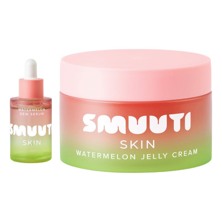 Smuuti Skin Watermelon Jelly Cream ja Dew Serum heleyttävä setti vaaleanpunaisissa liukuvärjätyissä pakkauksissa