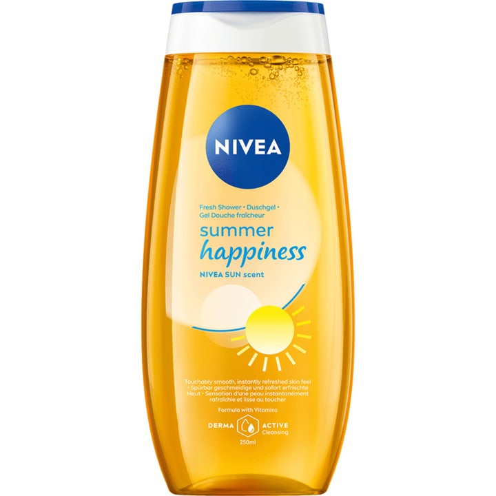 Nivea Love Sunshine 250 ml virkistävä suihkugeeli keltaisessa läpinäkyvässä pullossa jossa on valkoinen korkki