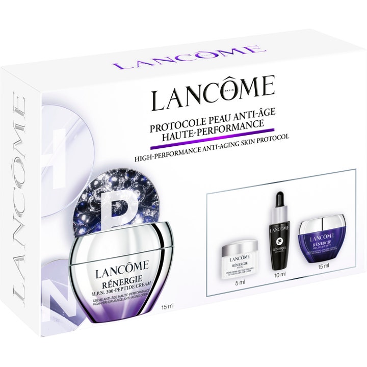 Lancôme Rénergie Starter Kit 1 kpl ihonhoitosetti valkoisessa pakkauksessa, jossa on hopeisia ja purppuraisia purkkeja.