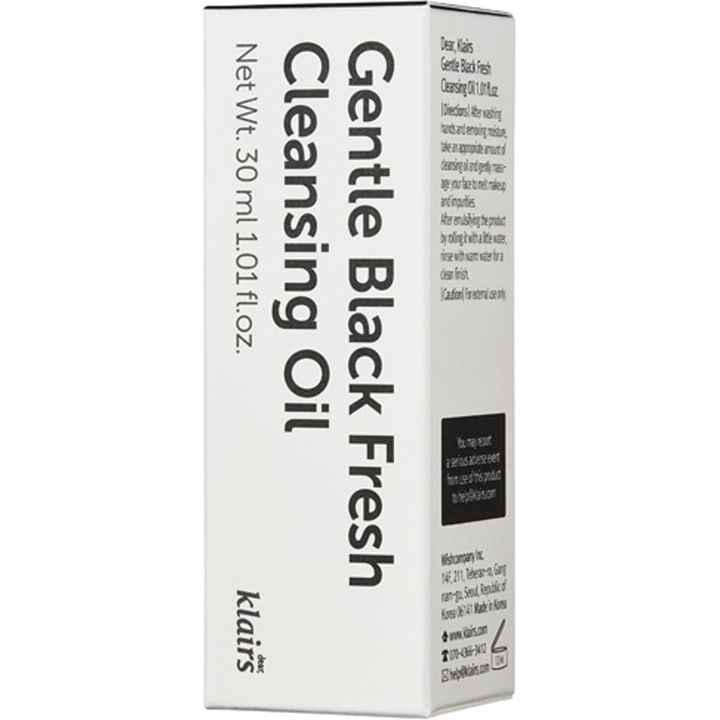 Klairs Gentle Black Fresh Cleansing Oil 30 ml syväpuhdistava puhdistusöljy valkoisessa pahvipakkauksessa.