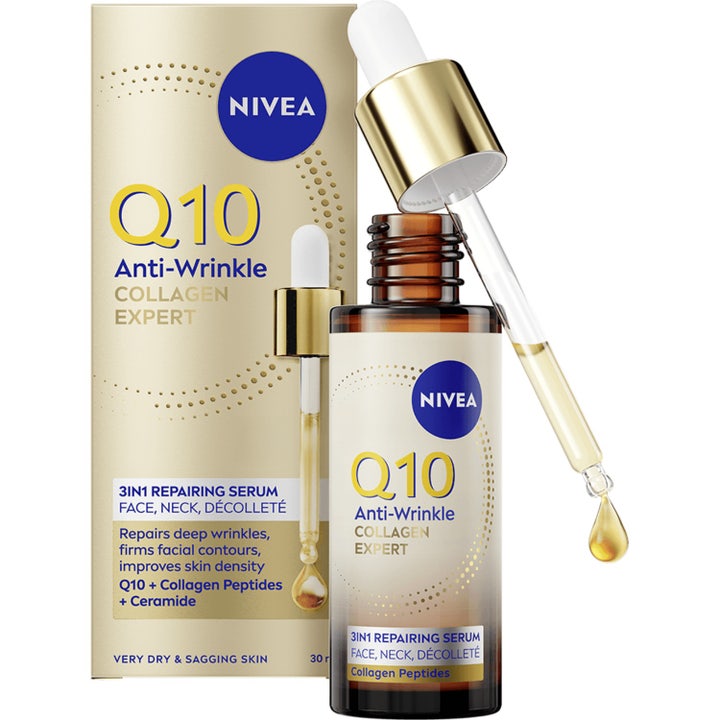 Nivea Q10 Anti-Wrinkle Collagen Expert 30 ml korjaava seerumi lasipullossa jossa on kultainen pipetti ja vaalea pakkaus