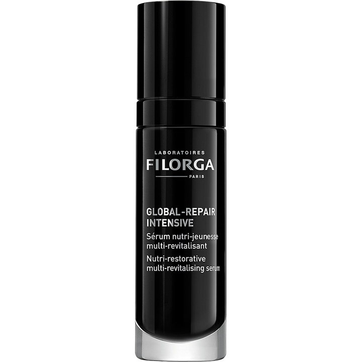 Filorga Global-Repair Intensive 30 ml elvyttävä seerumi tyylikkäässä mustassa pumppupullossa valkoisella tekstillä.