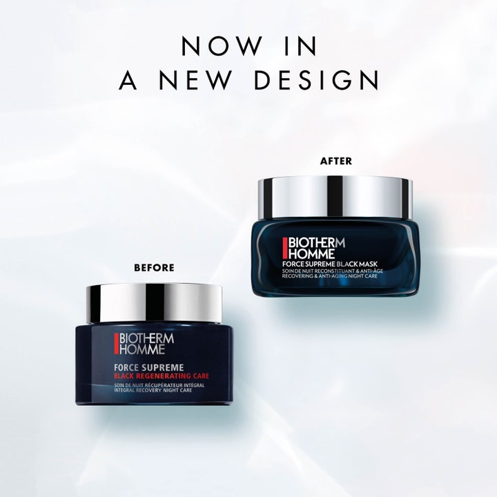 Biotherm Homme Force Supreme Black Mask 50 ml uudistava yönaamio esittelee uuden ja vanhan tummansinisen lasipurkin.