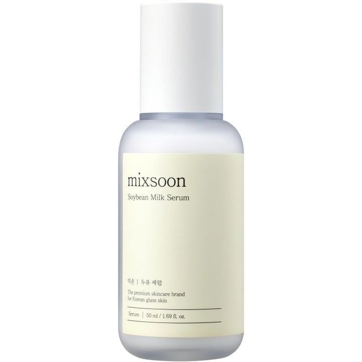 Mixsoon Soybean Milk Serum 50 ml kosteuttava kasvoseerumi huurteisessa lasipullossa, jossa on valkoinen korkki.