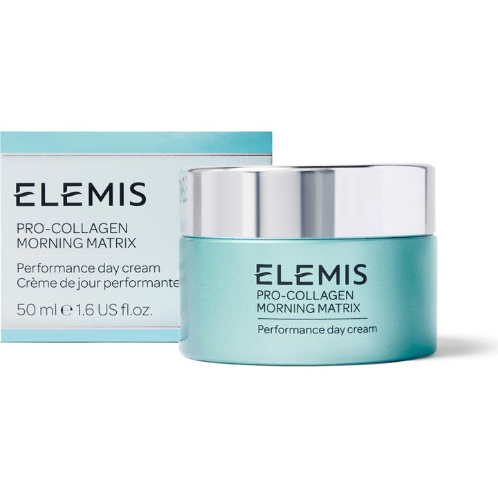 Elemis Pro-Collagen Morning Matrix 50 ml kiinteyttävä päivävoide turkoosissa lasipurkissa hopeisella korkilla.