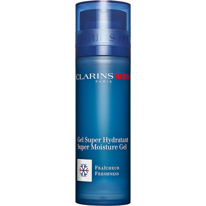 Clarins Men Super Moisture Gel 50 ml kosteuttava kasvogeeli raikastaa ihon sinisessä läpikuultavassa pullossa.