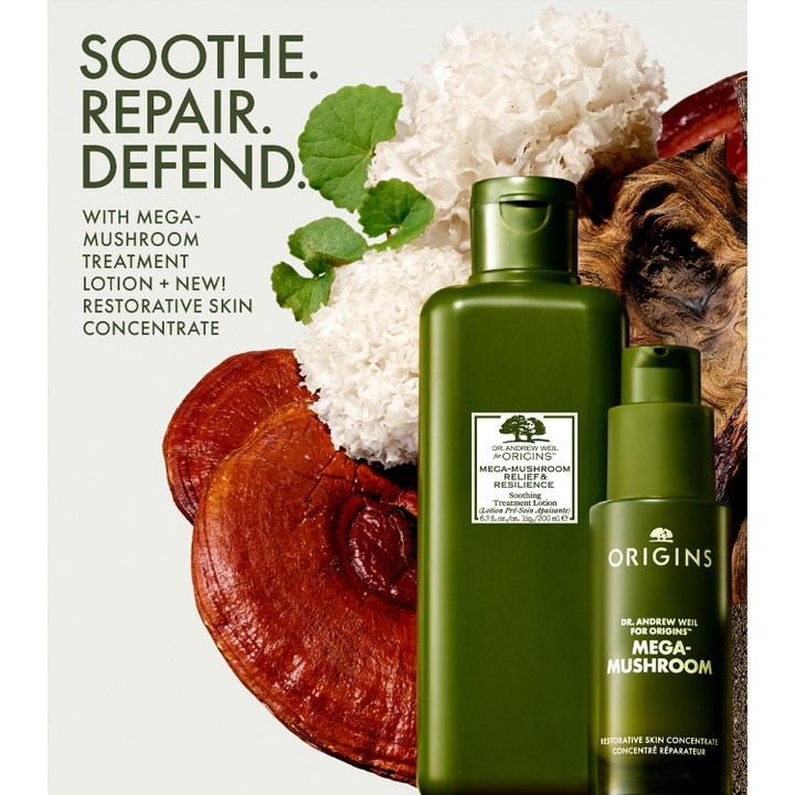 Origins Dr. Weil Mega-Mushroom Restorative Skin Concentrate 30 ml rauhoittava seerumi ja sieniainesosia.