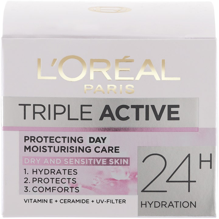 L'Oréal Paris Triple Active 50 ml kosteuttava päivävoide valkoisessa pahvipakkauksessa suojaa ihoa.
