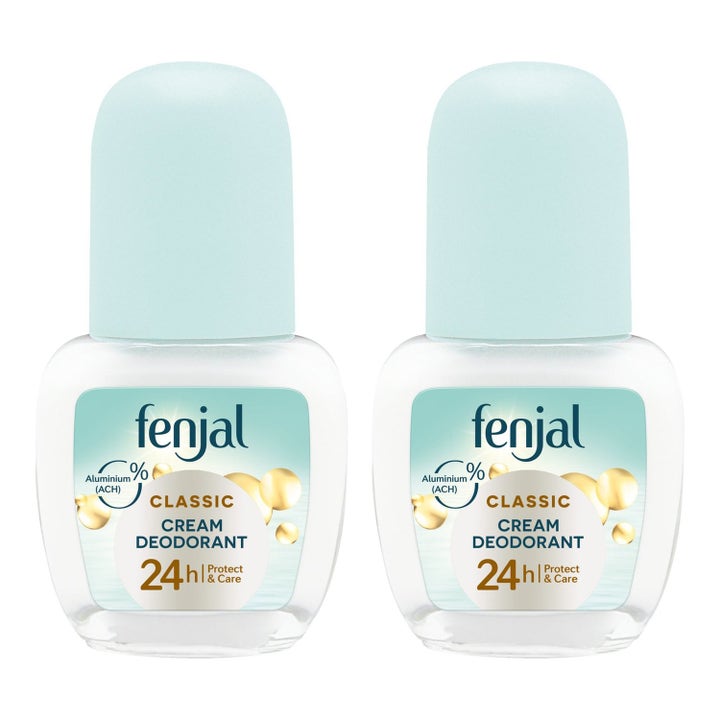 Fenjal Classic Anti Perspirant 2 x 50 ml antaa 48 tunnin suojan kaksi lasista roll-on-pulloa turkooseilla korkeilla