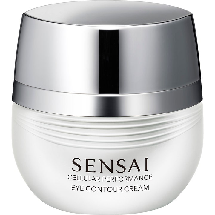 Sensai Cellular Performance Eye Contour Cream silmänympärysvoide valkoisessa uritetussa purkissa hopeisella kannella