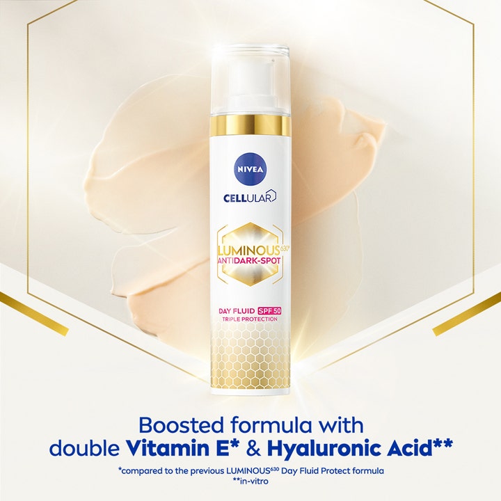 NIVEA Luminous630 Anti Dark-Spot Day Fluid 40 ml aurinkosuojavoide ja vaaleanbeige voidemainen tekstuuri.