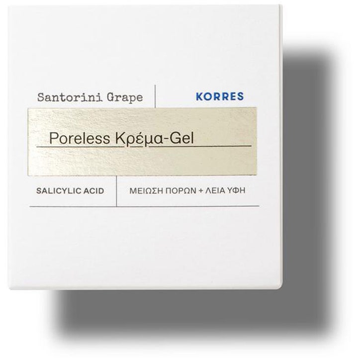 Korres Santorini Grape Poreless Skin Gel Cream 40 ml päivävoide valkoisessa pahvipakkauksessa kultaisella etiketillä.