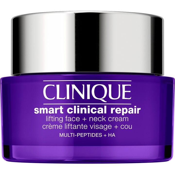 Clinique Smart Clinical Repair Lifting Face + Neck Cream 50 ml kiinteyttävä kasvovoide violetissa hopeakorkkisessa purkissa.