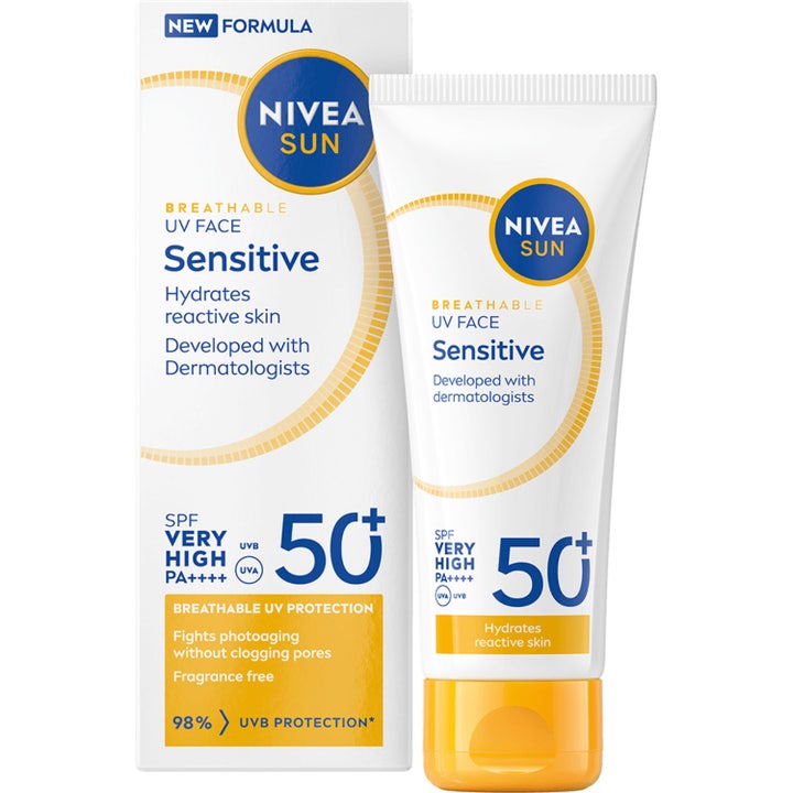 Nivea Sun Breathable UV Face Sensitive SPF 50+ kosteuttaa herkkää ihoa valkoinen tuubi ja pakkaus keltaisella korkilla