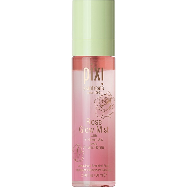 Pixi Rose Glow Mist 80 ml heleyttävä kasvosuihke kirkkaassa pullossa jossa on vaaleanpunainen neste ja vihreä korkki.