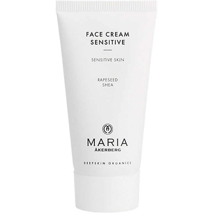 Maria Åkerberg Face Cream Sensitive rauhoittava kasvovoide herkälle iholle valkoisessa tuubissa mustalla tekstillä.