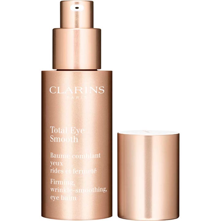 Clarins Total Eye Smooth 15 ml silmänympärysvoide silottaa ryppyjä ruusukultaisessa pumppupullossa korkki auki.
